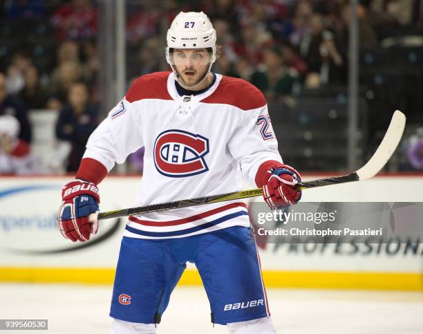 Alex Galchenyuk of the Montreal Canadiens prepares for a face off during the second period against the New York Islanders on March 2, 2018 in New...