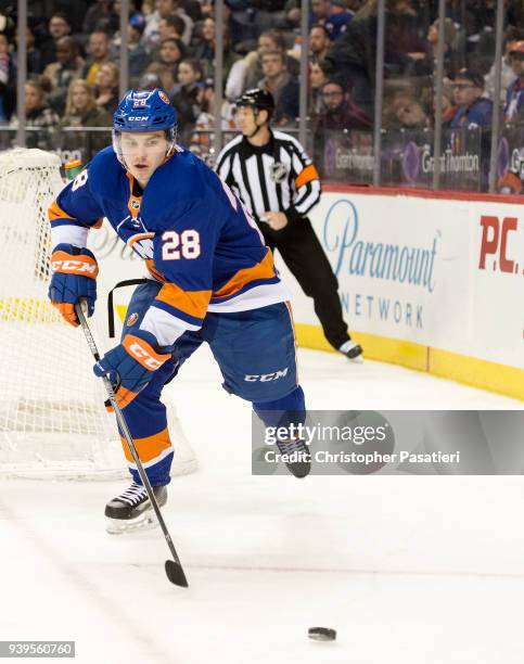 Sebastian Aho of the New York Islanders skates during the second period against the Montreal Canadiens at Barclays Center on March 2, 2018 in New...