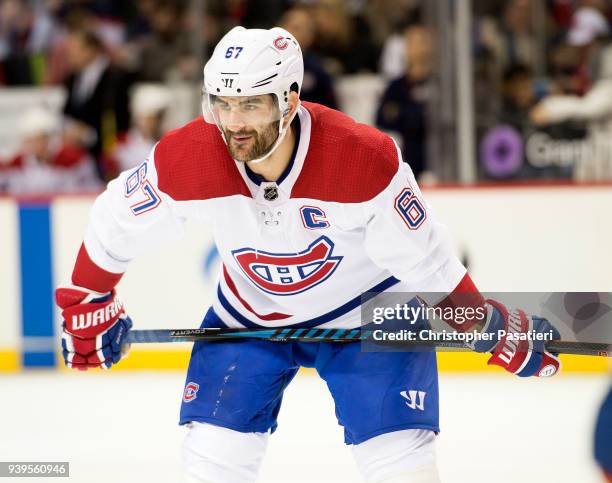 Max Pacioretty of the Montreal Canadiens prepares for a face off during the second period against the New York Islanders on March 2, 2018 in New York...