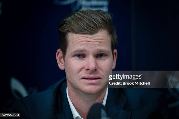 Australian Test cricketer Steve Smith fronts the media at Sydney International Airport on March 29, 2018 in Sydney, Australia. Steve Smith, David...