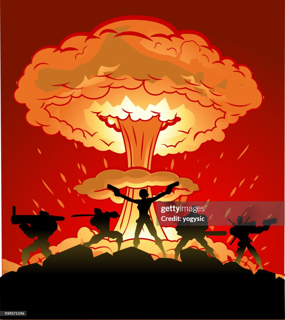 Vector vrouw geleide huurling soldaten silhouet met nucleaire explosie op de achtergrond