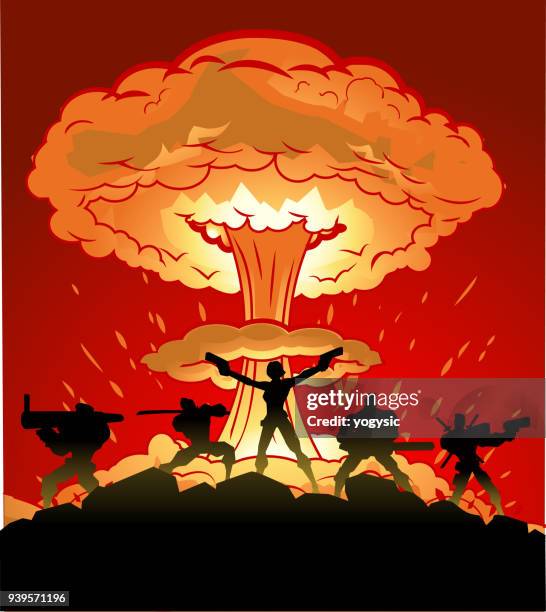 vector woman-led mercenary soldiers silhouette with nuclear explosion in the background - machine gun stock illustrations