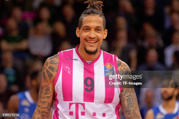 Julian Gamble of Bonn laughs during the Basketball Bundesliga match between Telekom Baskets Bonn and Fraport Skyliners at Telekom Dome on March 25,...