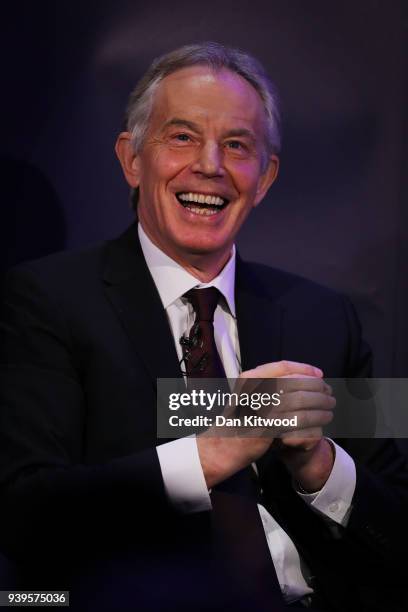 Former British Prime Minister Tony Blair takes part in a Q&A during the 'UK In A Changing Europe Conference' at the QEII Centre on March 29, 2018 in...