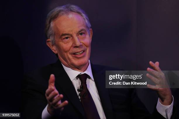 Former British Prime Minister Tony Blair takes part in a Q&A during the 'UK In A Changing Europe Conference' at the QEII Centre on March 29, 2018 in...