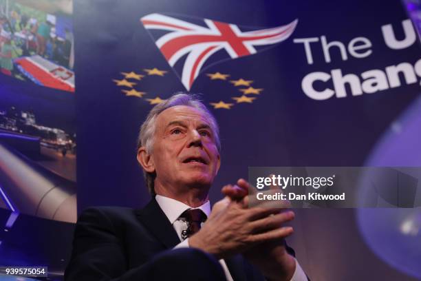 Former British Prime Minister Tony Blair takes part in a Q&A during the 'UK In A Changing Europe Conference' at the QEII Centre on March 29, 2018 in...