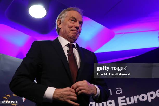 Former British Prime Minister Tony Blair takes part in a Q&A during the 'UK In A Changing Europe Conference' at the QEII Centre on March 29, 2018 in...