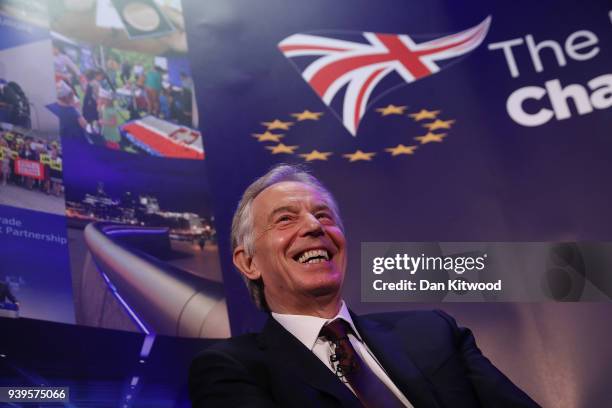 Former British Prime Minister Tony Blair takes part in a Q&A during the 'UK In A Changing Europe Conference' at the QEII Centre on March 29, 2018 in...