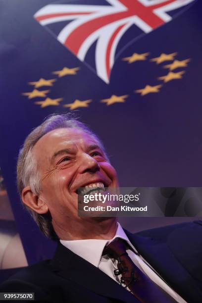 Former British Prime Minister Tony Blair takes part in a Q&A during the 'UK In A Changing Europe Conference' at the QEII Centre on March 29, 2018 in...