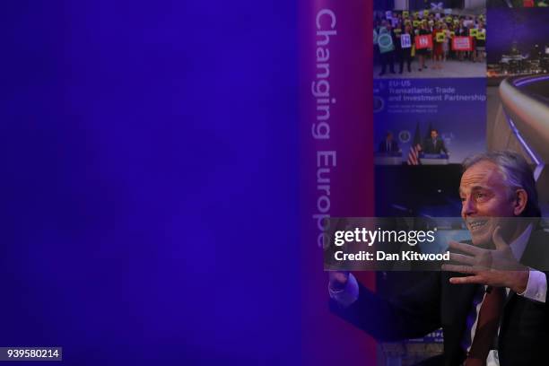 Former British Prime Minister Tony Blair takes part in a Q&A during the 'UK In A Changing Europe Conference' at the QEII Centre on March 29, 2018 in...