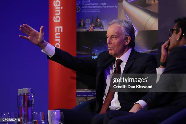 Former British Prime Minister Tony Blair takes part in a Q&A during the 'UK In A Changing Europe Conference' at the QEII Centre on March 29, 2018 in...
