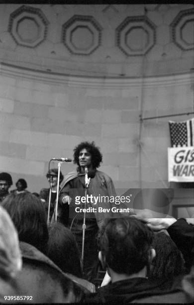 American social activist Abbie Hoffman speaks at the Central Park bandshell during an 'GIs Against the War' anti-Vietnam rally, New York, New York,...