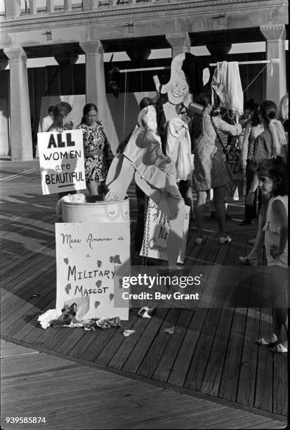 View of the 'Freedom Trash Can' on the Atlantic City Boardwalk during a protest against the Miss America beauty pageant, Atlantic City, New Jersey,...