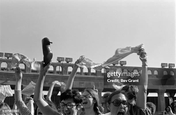 On the Atlantic City Boardwalk, demonstrators, some waving high heels or underwear, protest the Miss America beauty pageant, Atlantic City, New...