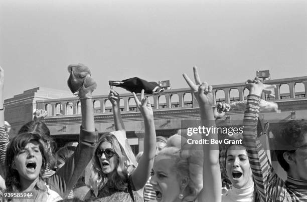 On the Atlantic City Boardwalk, demonstrators, some waving high heels or underwear, protest the Miss America beauty pageant, Atlantic City, New...