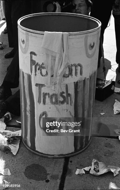 Close-up of the 'Freedom Trash Can' on the Atlantic City Boardwalk during a protest against the Miss America beauty pageant, Atlantic City, New...