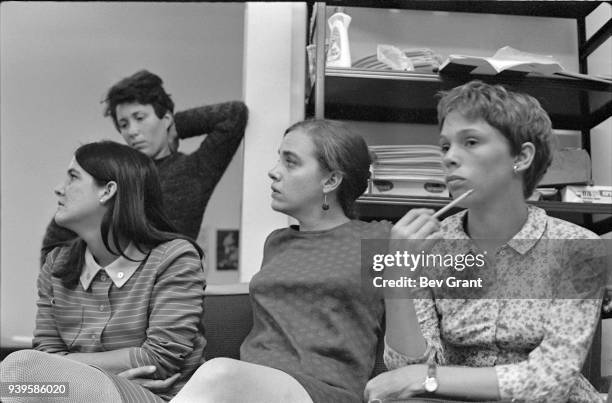 At the Southern Conference Educational Fund office, members of the New York Radical Women group attend a meeting to plan a protest at the Miss...