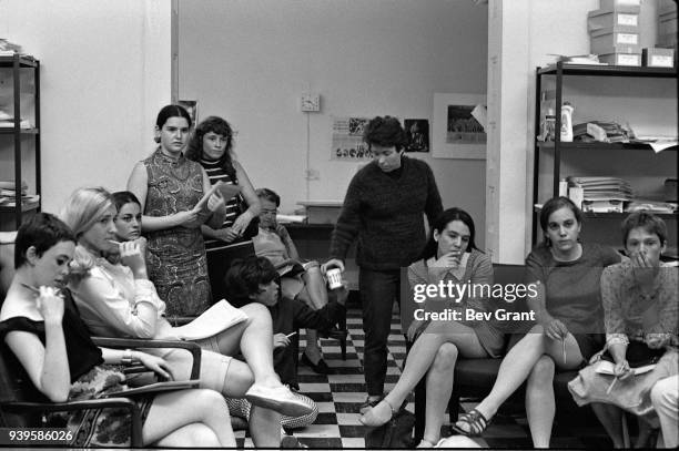 At the Southern Conference Educational Fund office, members of the New York Radical Women group attend a meeting to plan a protest at the Miss...