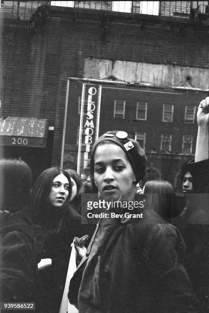 View of the Young Lord's Minister of Finance Denise Oliver as she participates in a demonstration, New York, New York, early December, 1969. The...