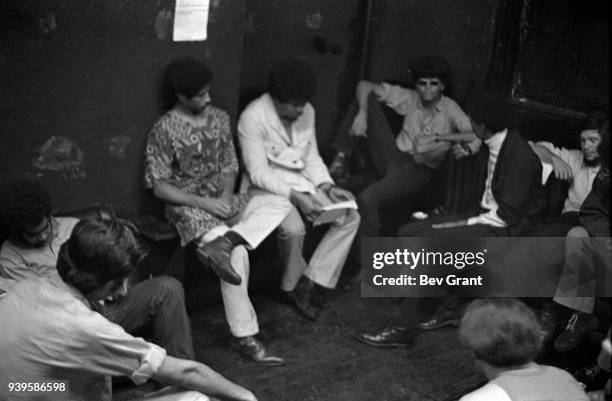 View of Young Lords Party members David Perez , Juan 'Fi' Ortiz , Felipe Luciano , and Pablo Yoruba Guzman , along with Black Panther Party member...