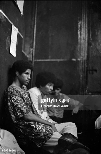 View of Black Panther Party member Don Cox and Young Lords Party members Felipe Luciano and Pablo Yoruba Guzman as they attend a Rainbow Coalition...