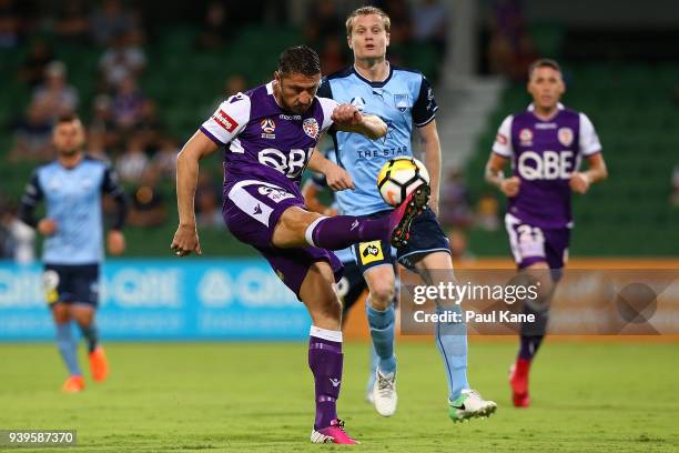 Dino Djulbic of the Glory clears the ball during the round 25 A-League match between the Perth Glory and Sydney FC at nib Stadium on March 29, 2018...