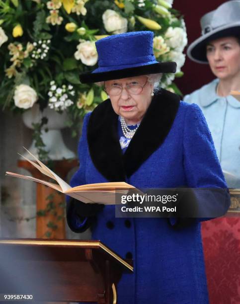 Queen Elizabeth II is seen during the Royal Maundy service at St George's Chapel on March 29, 2018 in Windsor, England.