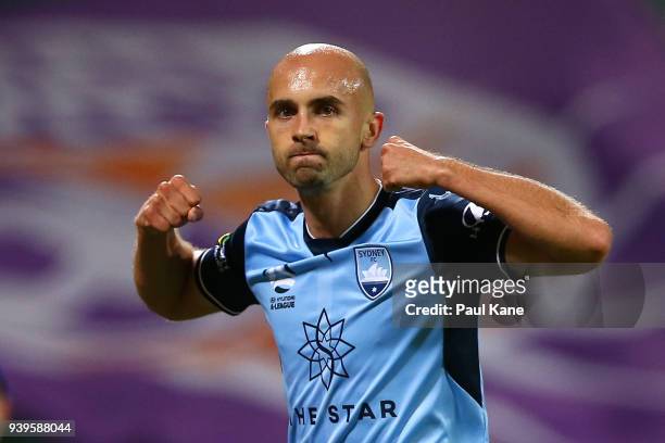 Adrian Mierzejewski of Sydney celebrates a goal during the round 25 A-League match between the Perth Glory and Sydney FC at nib Stadium on March 29,...