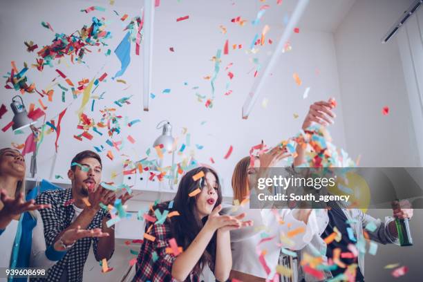 young colleagues celebrating birthday - cake party stock pictures, royalty-free photos & images