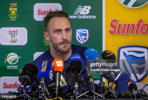Captain Faf Du Plessis takes questions from the media during the South Africa cricket press conference at Bidvest Wanderers Stadium on March 29, 2018...