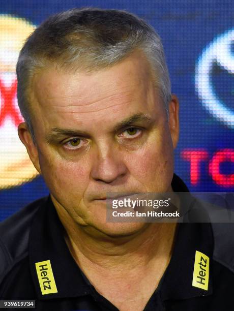 Panthers coach Anthony Griffin speaks at the post match media conference at the end of during the round four NRL match between the North Queensland...