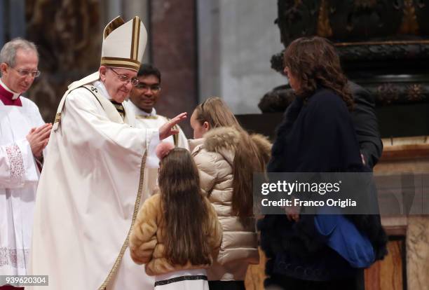 Pope Francis attends the Chrism Mass at St. Peter's Basilica on March 29, 2018 in Vatican City, Vatican. The Chrism Mass is the traditional liturgy,...