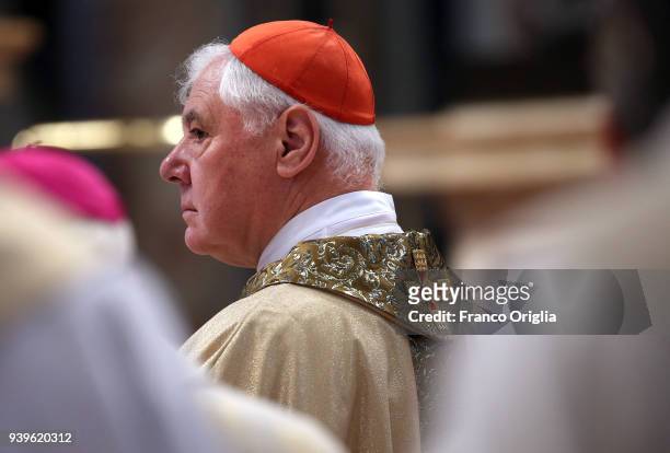 German Cardinal Gerhard Ludwig Muller attends the Chrism Mass given by Pope Francis at St. Peter's Basilica on March 29, 2018 in Vatican City,...