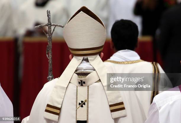 Pope Francis arrives at St. Peter's Basilica for the Chrism Mass on March 29, 2018 in Vatican City, Vatican. The Chrism Mass is the traditional...