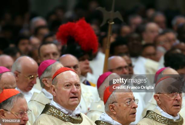 Cardinal Pietro Ravasi attends the Chrism Mass given by Pope Francis at St. Peter's Basilica on March 29, 2018 in Vatican City, Vatican. The Chrism...