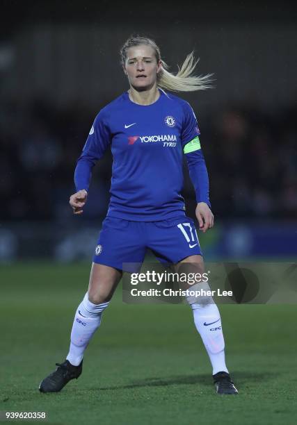 Katie Chapman of Chelsea in action during the UEFA Womens Champions League Quarter-Final: Second Leg match between Chelsea Ladies and Montpellier at...