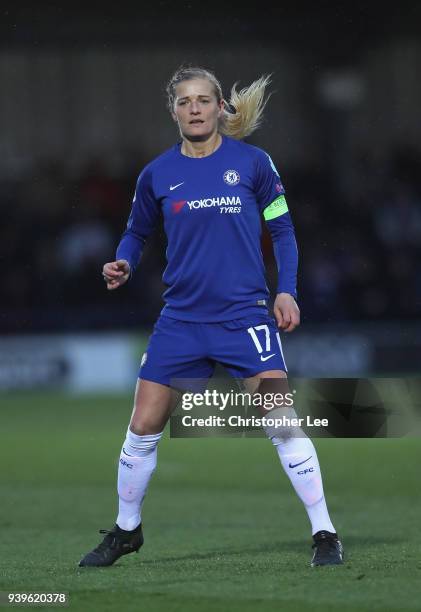 Katie Chapman of Chelsea in action during the UEFA Womens Champions League Quarter-Final: Second Leg match between Chelsea Ladies and Montpellier at...