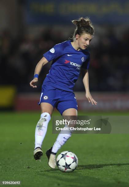 Hannah Blundell of Chelsea in action during the UEFA Womens Champions League Quarter-Final: Second Leg match between Chelsea Ladies and Montpellier...