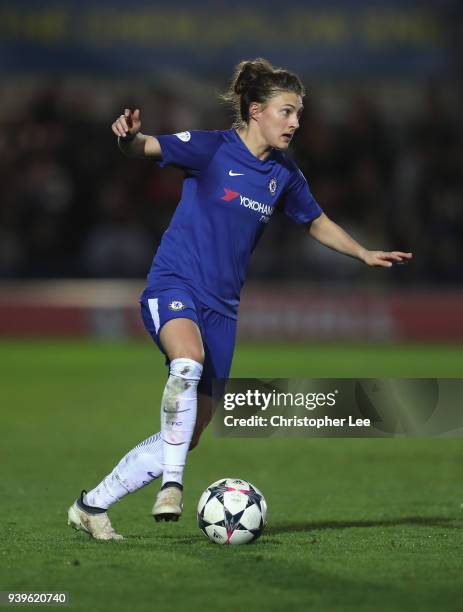 Hannah Blundell of Chelsea in action during the UEFA Womens Champions League Quarter-Final: Second Leg match between Chelsea Ladies and Montpellier...