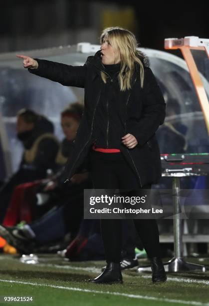 Head Coach Emma Hayes of Chelsea shouts orders to her players during the UEFA Womens Champions League Quarter-Final: Second Leg match between Chelsea...