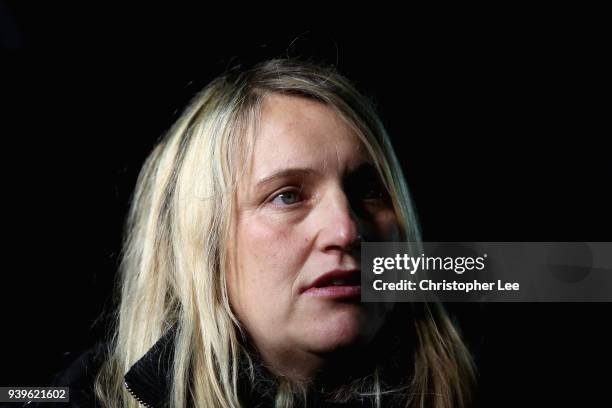 Head Coach Emma Hayes of Chelsea talks to the media during the UEFA Womens Champions League Quarter-Final: Second Leg match between Chelsea Ladies...