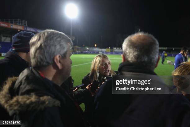 Head Coach Emma Hayes of Chelsea talks to the media during the UEFA Womens Champions League Quarter-Final: Second Leg match between Chelsea Ladies...