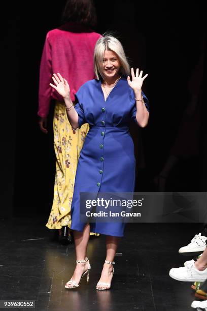 Fashion designer Ebru Atilgan on the runway after her Exquise presentation during Mercedes Benz Fashion Week Istanbul at Zorlu Performance Hall on...