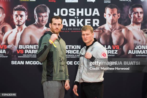 David Price and Alexander Povetkin at the undercard press conference ahead of the Anthony Joshua and Joseph Parker fight, on March 29, 2018 in...