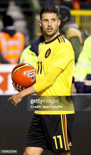 Kevin Mirallas of Belgium celebrates the victory following the international friendly match between Belgium and Saudi Arabia on March 27, 2018 in...