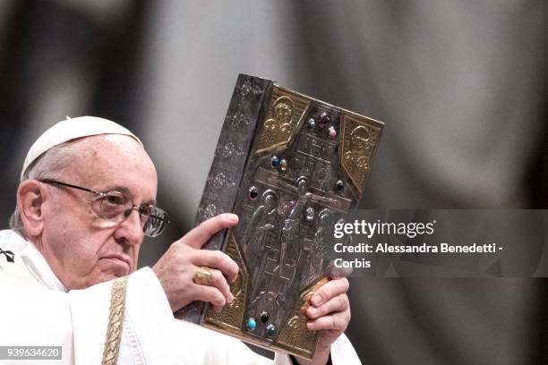 Pope Francis attends the Chrism Mass in St. Peter's Basilica on March 29, 2018 in Vatican City, Vatican.