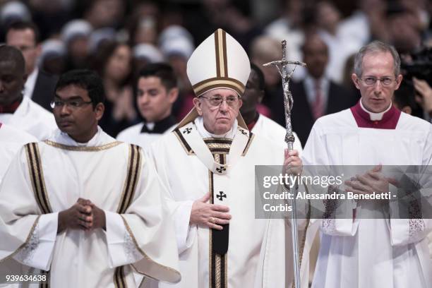 Pope Francis attends the Chrism Mass in St. Peter's Basilica on March 29, 2018 in Vatican City, Vatican.