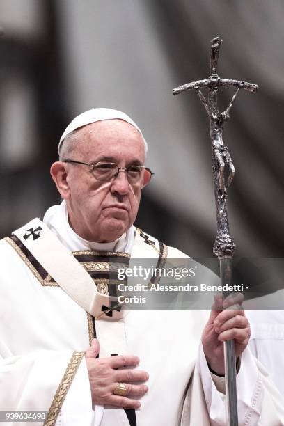 Pope Francis attends the Chrism Mass in St. Peter's Basilica on March 29, 2018 in Vatican City, Vatican.