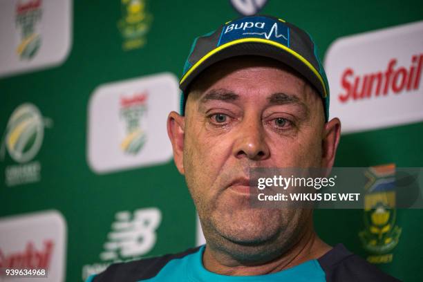 Darren Lehmann speaks to the press as he announces he will resign as Australian cricket coach after the coming Test match on March 29 in...