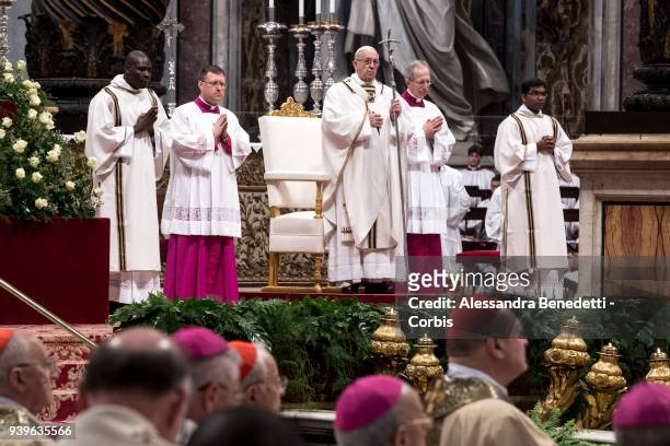 Pope Francis attends the Chrism Mass in St. Peter's Basilica on March 29, 2018 in Vatican City, Vatican.